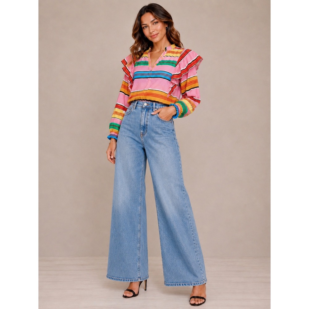Sugarlips Pink Multi Rainbow Stripe Ruffle Shoulder V-Neck Blouse Small